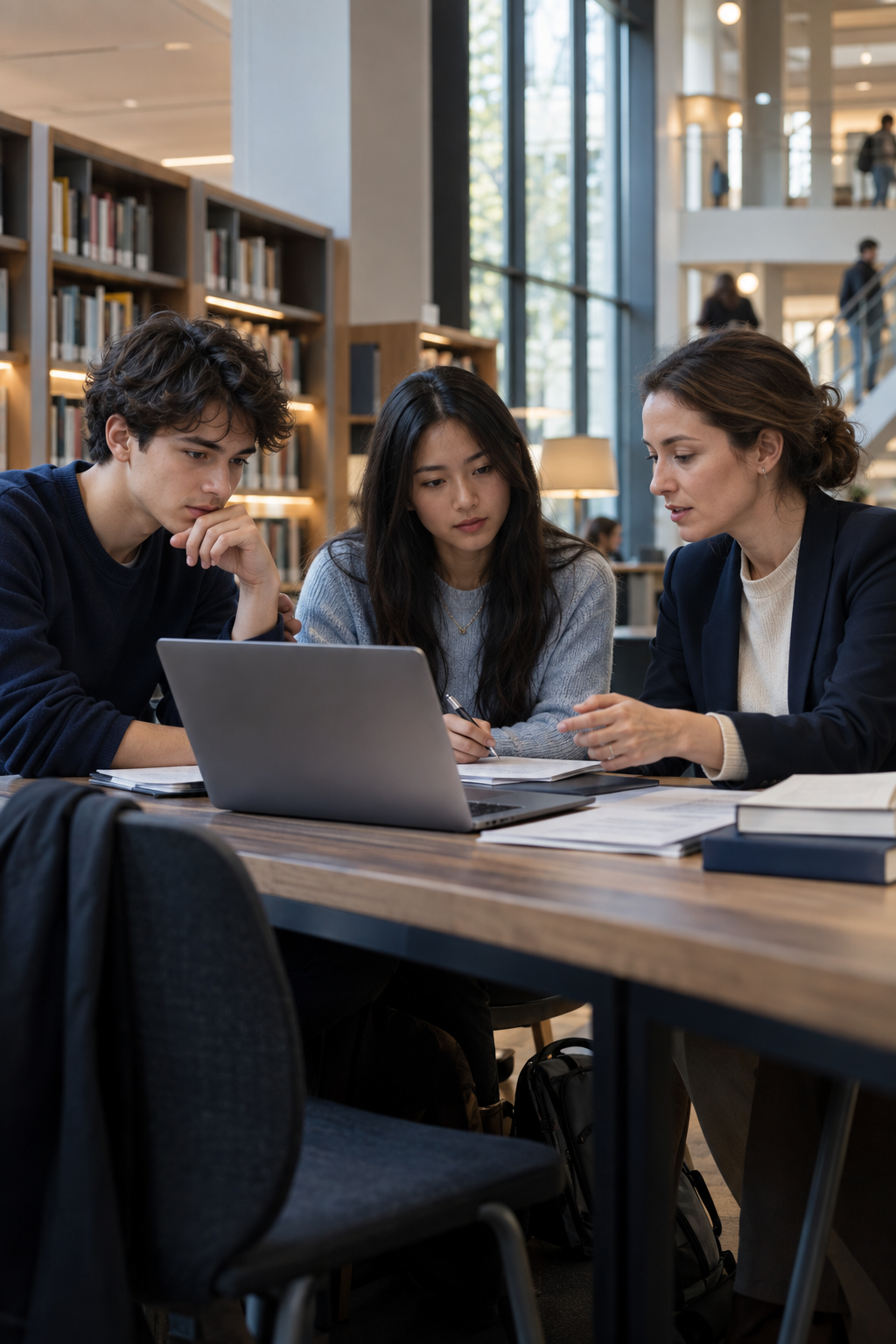 Deux étudiants échangeant avec une conseillère dans une bibliothèque universitaire