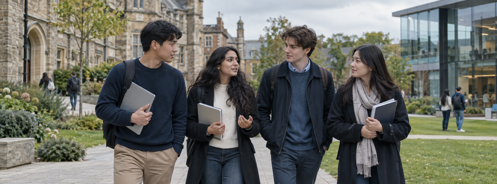 Étudiants internationaux échangeant sur un campus britannique